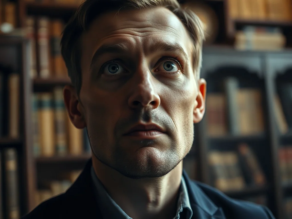 Zamyślony mężczyzna w bibliotece szukający właściwego słowa, co ilustruje proces przypominania sobie wyrażeń.