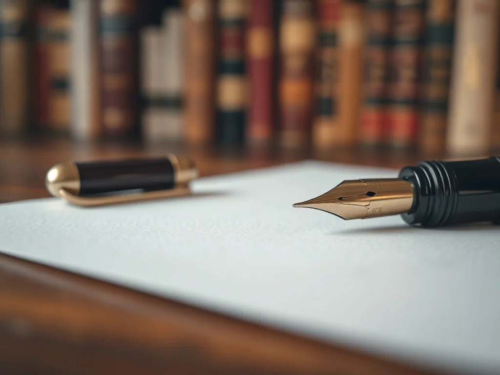 Eleganckie pióro wieczne leżące na białym papierze na tle biblioteki, podkreślające staranność w pisaniu i dbałość o język.