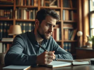 Student skupiony na nauce czasowników nieregularnych przy użyciu kolorowych fiszek w przytulnej bibliotece.
