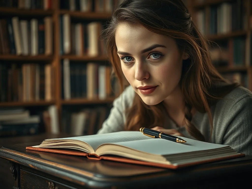 Kobieta zamyślona nad otwartym notatnikiem przy drewnianym biurku w bibliotece, skupiona na pisaniu.