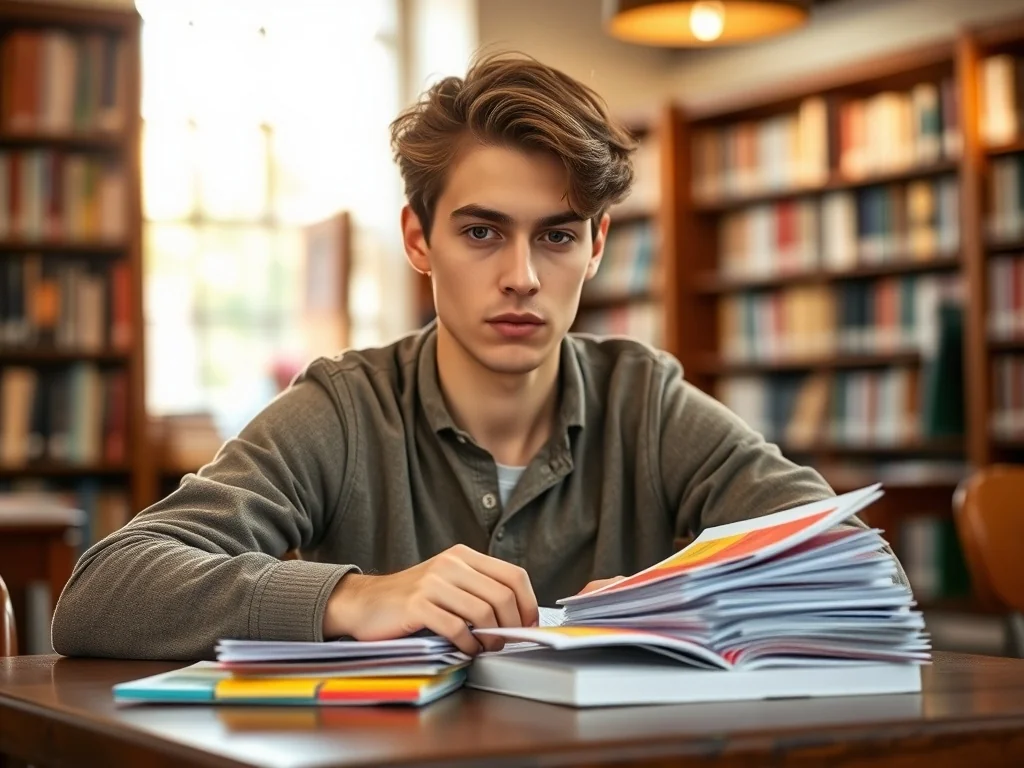 Student skupiony na nauce czasowników nieregularnych przy użyciu kolorowych fiszek w przytulnej bibliotece.